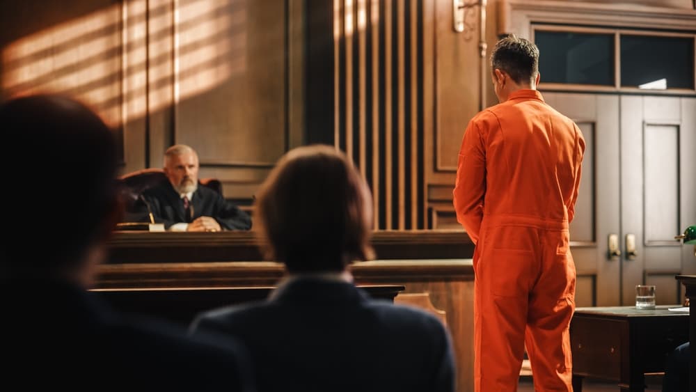 Court of Law and Justice Trial Proceedings: Law Offender in Orange Jumpsuit is Questioned and Giving Testimony to Judge, Jury. Criminal Denying Charges, Pleading, Inmate Parole.