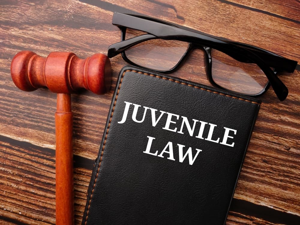 Gavel, glasses and notebook written with text JUVENILE LAW on a wooden background.
