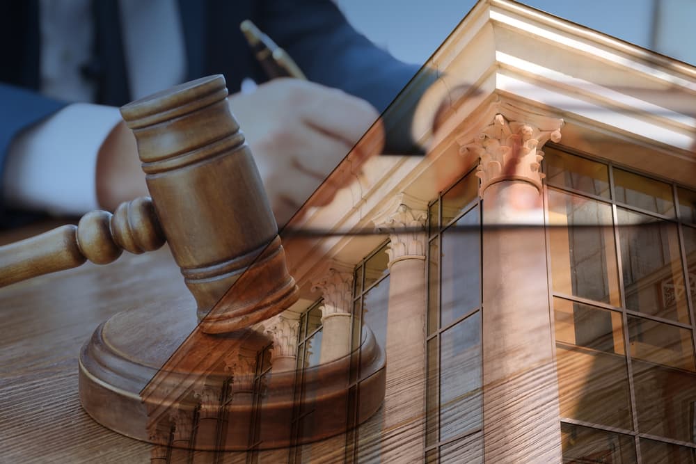 Law protection. Exposure of gavel and court building 
